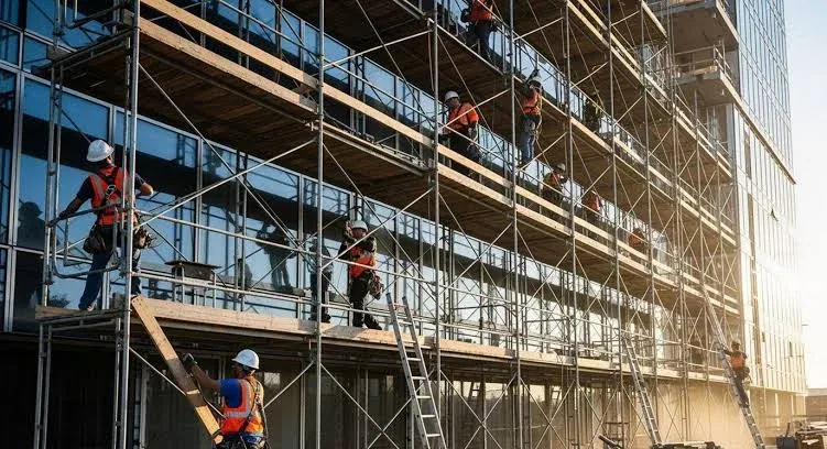 Workers on a scaffolded building facade during construction